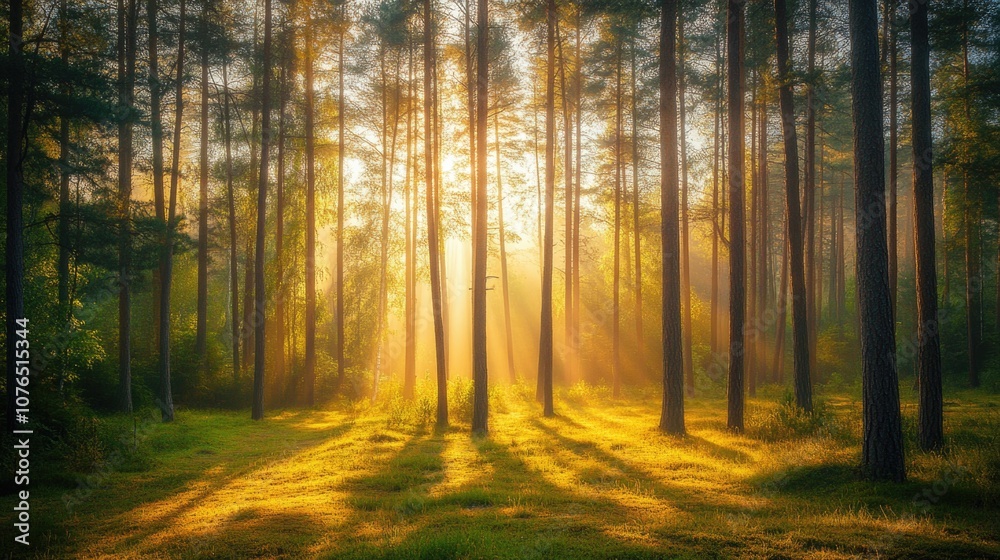 Fototapeta premium Sunlight filtering through tree branches in a forest