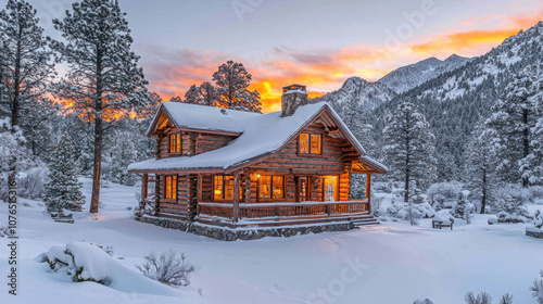 picturesque winter cabin nestled in snowy forest with stunning sunset backdrop, creating serene and cozy atmosphere
