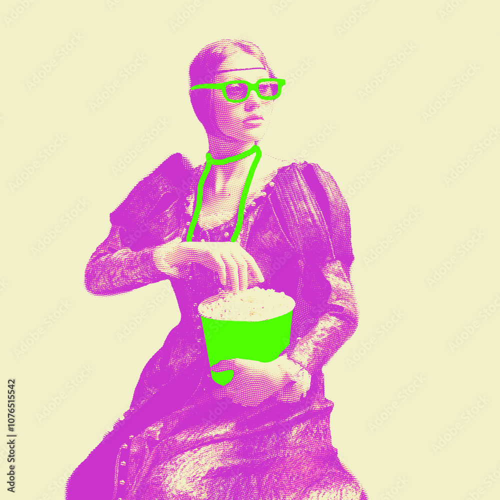 Classical portrait in pop art style, historical figure wearing vibrant green glasses and holding popcorn bucket. Contemporary art. Fusion of traditional and modern elements. Concept of eras comparison Classical portrait in pop art style, historical figure wearing vibrant green glasses and holding popcorn bucket. Contemporary art. Fusion of traditional and modern elements. Concept of eras comparison