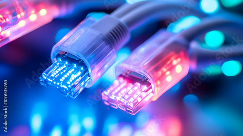 Illuminated data cables transferring information, representing advanced technology and connectivity. 4k image