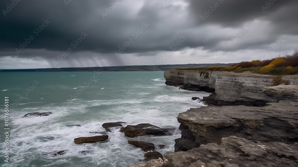 Obraz premium Stormy Sea Crashing Against Rocky Coastline