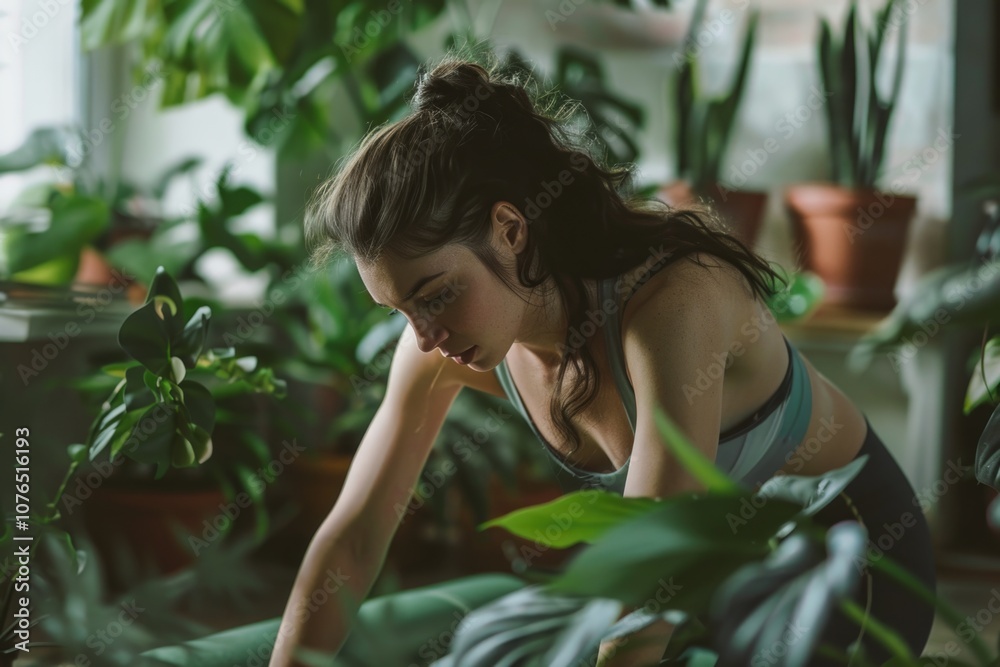 A woman bends down to collect a potted plant, casual attire and everyday setting A woman bends down to collect a potted plant, casual attire and everyday setting