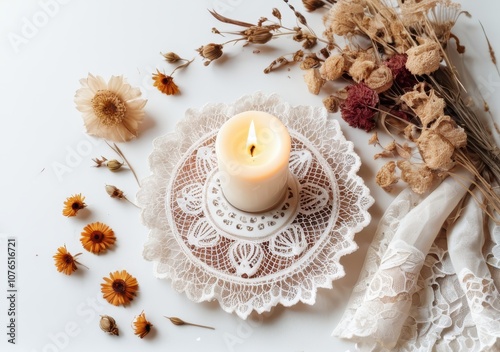 Artistic flat lay of a lace candlestick with burning candle, vintage feel, dried flowers on a clean white background photo