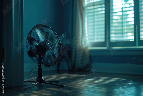 A person sitting on a wooden floor next to a window with a fan nearby