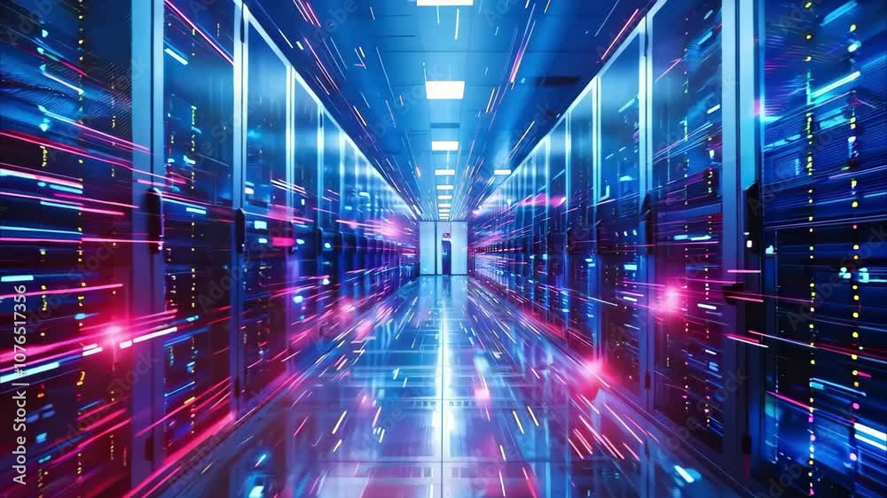 A futuristic data center with rows of illuminated servers and vibrant blue and pink light effects. A futuristic data center with rows of illuminated servers and vibrant blue and pink light effects.