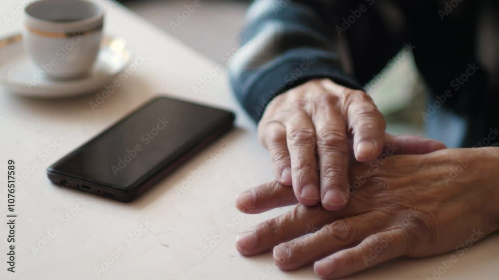 an elderly man sitting alone at a table waiting for a phone to ring, the pensioner's hands are on the table next to a phone and a cup of coffee, the emotions of old people an elderly man sitting alone at a table waiting for a phone to ring, the pensioner's hands are on the table next to a phone and a cup of coffee, the emotions of old people