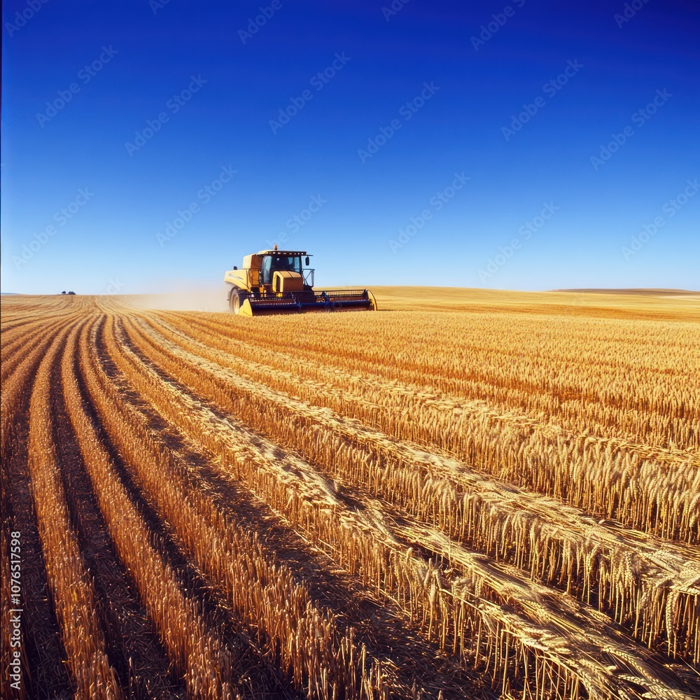 Obraz premium Front view of a modern automatic wheat harvester on a wheat harvester in a sunny summer day