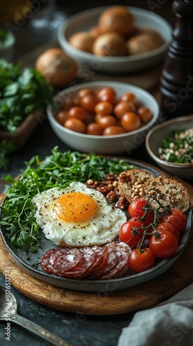 A plate of food with a fried egg, salami, tomatoes, and salad, with other ingredients in bowls in the background.