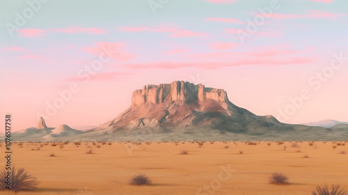 Desert Landscape with Pink Sky and Mountain Range