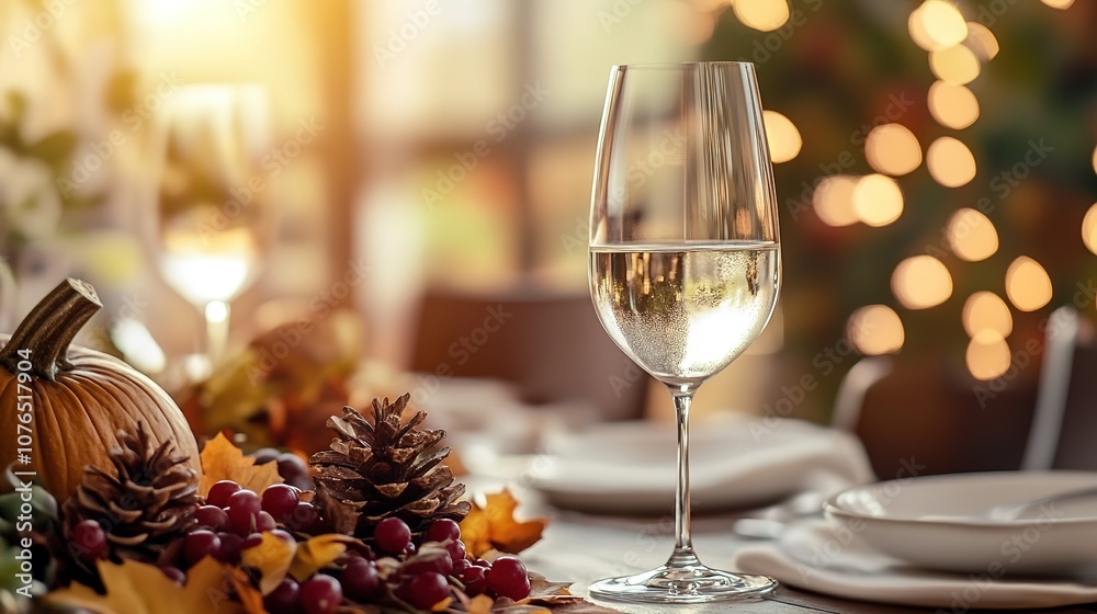 Fototapeta premium Elegant Thanksgiving table setting with wine glass and decor
