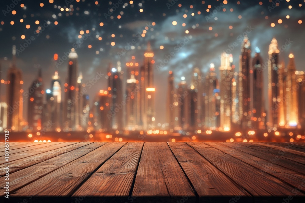 A wooden floor with a cityscape view, perfect for modern interior design or urban themes