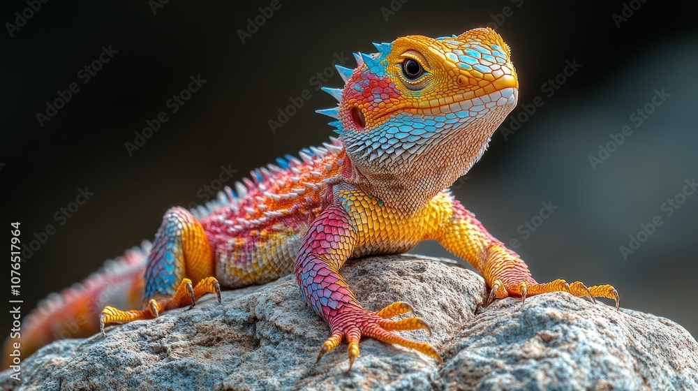 A vibrant lizard perched on a rock, showcasing its colorful scales. A vibrant lizard perched on a rock, showcasing its colorful scales.