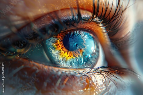 A close-up shot of a single blue eye with eyelashes and eyebrows photo