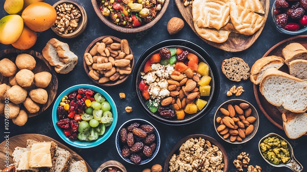 Assortment of Various Fruits, Nuts, and Breads on a Dark Surface Assortment of Various Fruits, Nuts, and Breads on a Dark Surface