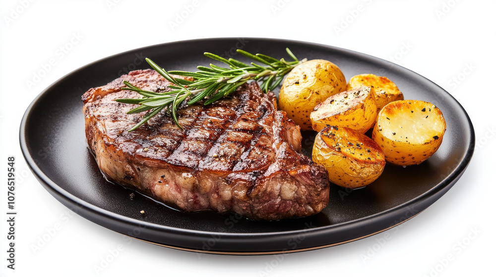 Juicy steak with rosemary and roasted potatoes on black plate, showcasing delicious meal that evokes sense of indulgence and satisfaction Juicy steak with rosemary and roasted potatoes on black plate, showcasing delicious meal that evokes sense of indulgence and satisfaction