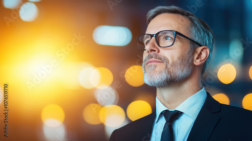 thoughtful man in suit with glasses gazes upward, reflecting confidence and ambition in blurred urban background