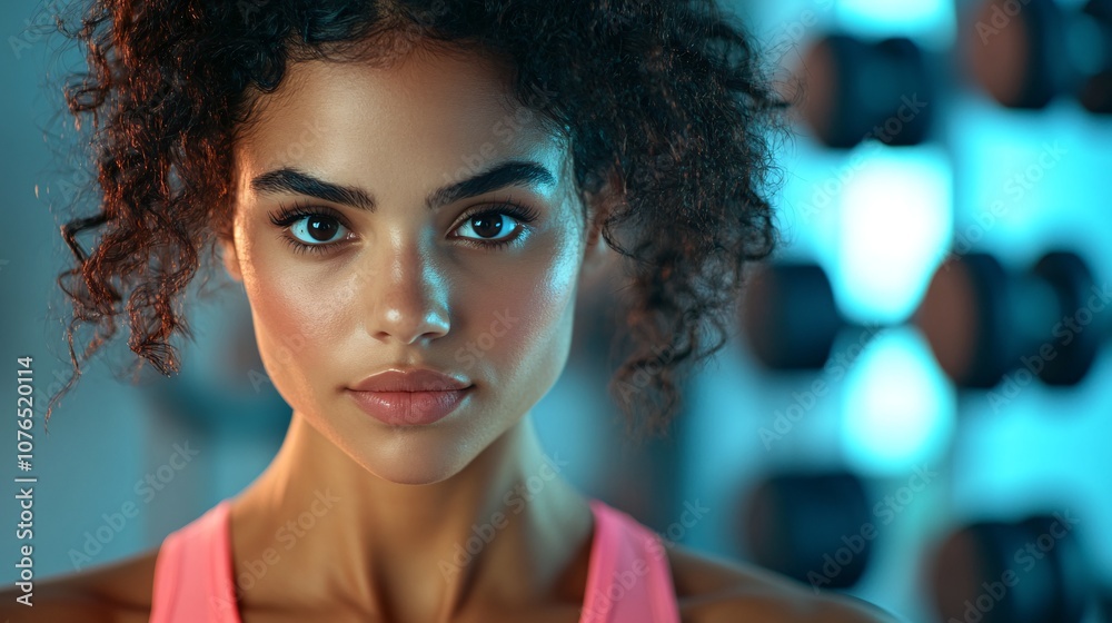 Confident Young Woman with Determined Expression in a Modern Gym Setting