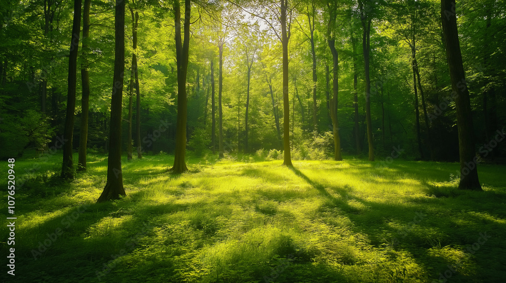 Obraz premium Lush green forest with sunlight streaming through the trees casting soft shadows on the forest floor, creating a serene atmosphere