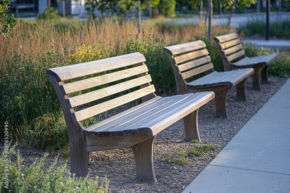 Two wooden benches side by side on a city sidewalk, perfect for people-watching or taking a break Two wooden benches side by side on a city sidewalk, perfect for people-watching or taking a break