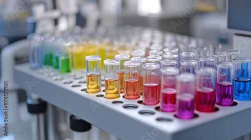 Colorful capsules neatly arranged in a laboratory setting during a scientific experiment showcasing vibrant liquids