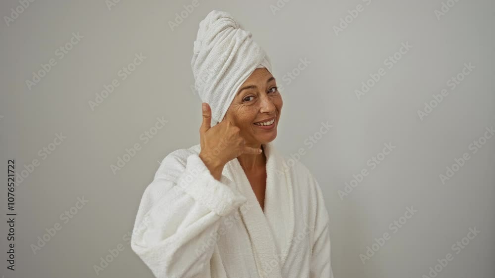 Woman in middle age wearing towel and bathrobe making gesture of phone call with hand and fingers over isolated white background, concept of friendly communication Woman in middle age wearing towel and bathrobe making gesture of phone call with hand and fingers over isolated white background, concept of friendly communication