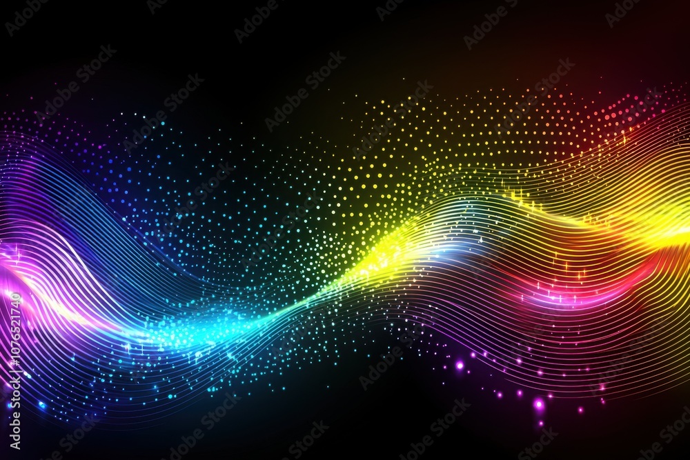 Abstract colorful sound waves with dots and lines on a dark background. Abstract colorful sound waves with dots and lines on a dark background.