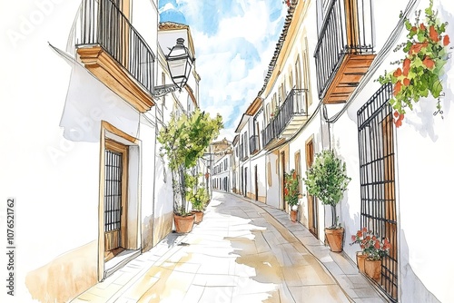 illustration. Beautiful old houses on the street in Lisbon in Portugal. Traditional European architecture.
