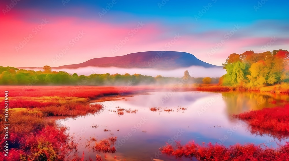 Misty Sunrise Over a Mountain Lake with Red Foliage Misty Sunrise Over a Mountain Lake with Red Foliage