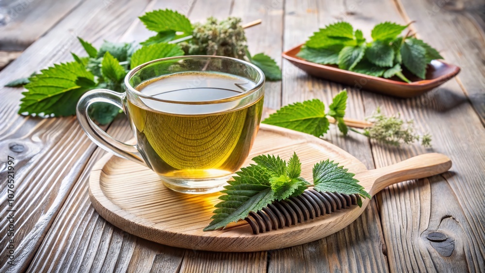 Real Nettle Tea for Hair Care: Dried Urtica Diocia in a Rustic Setting with Hairbrush and Comb on a Beige Wooden Table Real Nettle Tea for Hair Care: Dried Urtica Diocia in a Rustic Setting with Hairbrush and Comb on a Beige Wooden Table