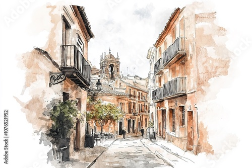 illustration. Beautiful old houses on the street in Lisbon in Portugal. Traditional European architecture.
