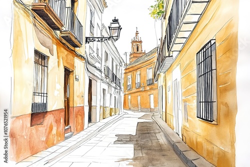 illustration. Beautiful old houses on the street in Lisbon in Portugal. Traditional European architecture.
