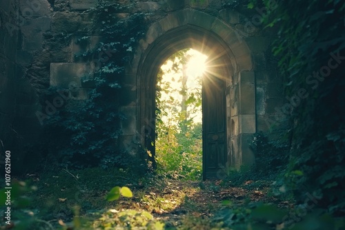 A historic entrance with ancient stones and lush greenery