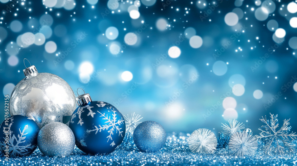 New Year's Eve celebration with shimmering blue and silver ornaments and sparkling snowflakes in a festive winter background New Year's Eve celebration with shimmering blue and silver ornaments and sparkling snowflakes in a festive winter background
