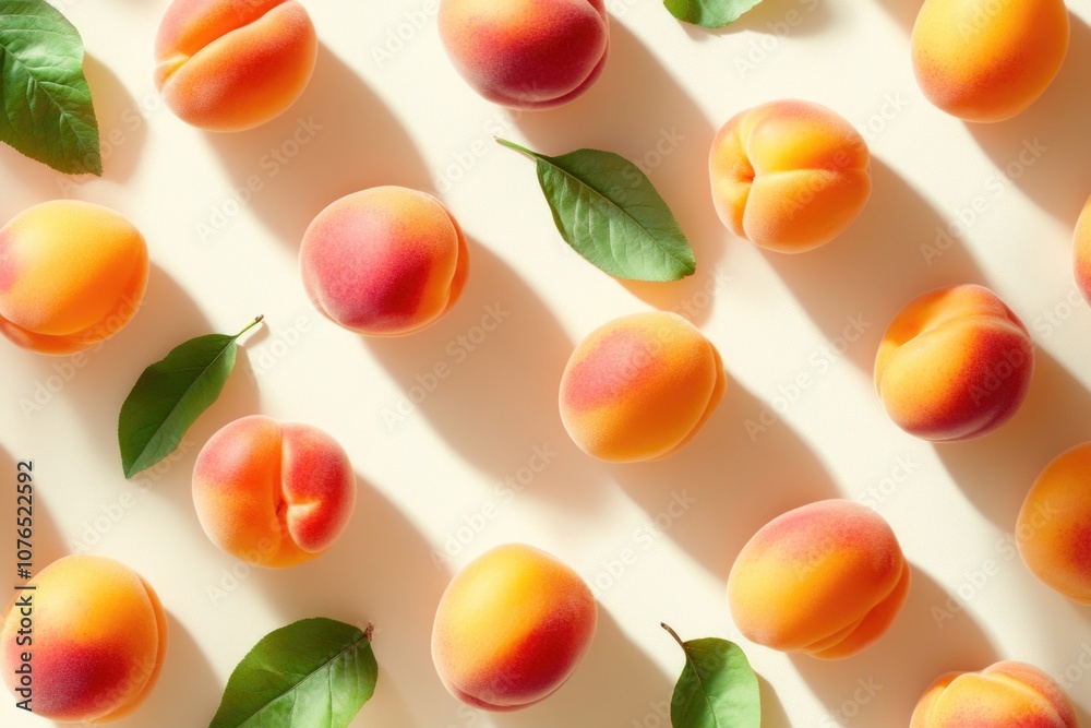 Fresh peaches with leaves on a clean white surface, ideal for food photography or still life compositions