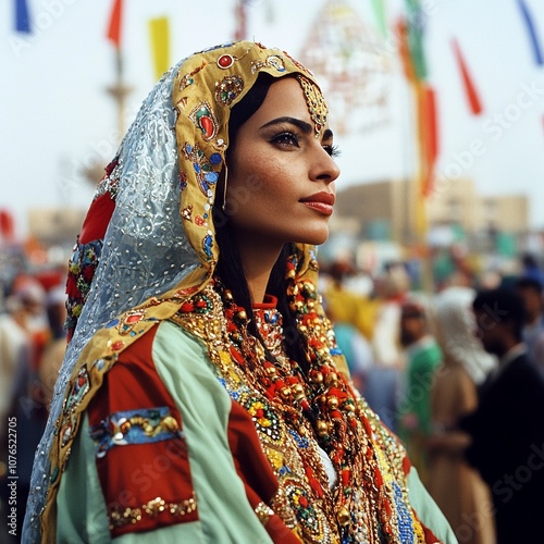 a woman dressed in traditional Egyptian galabeya at a celebration photo