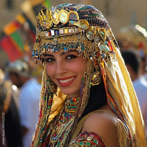 a woman dressed in traditional Egyptian galabeya at a celebration photo