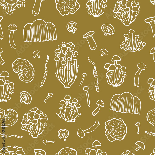 Fungus seamless pattern on yellow  background. Illustration of Shimeji, erinji, shitaki, cordyceps, turkey tail and lions mane. Hand drawn medicinal mushrooms.