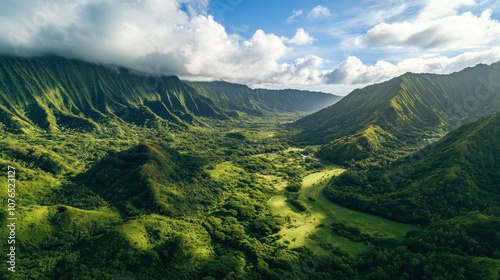 Aerial View of Lush Green Valley in Mountains