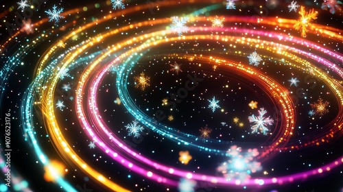 Colorful lights swirl around snowflakes in a dark space