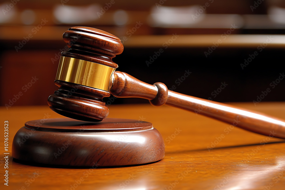 A judge's wooden gavel placed prominently on a surface, symbolizing court and justice A judge's wooden gavel placed prominently on a surface, symbolizing court and justice