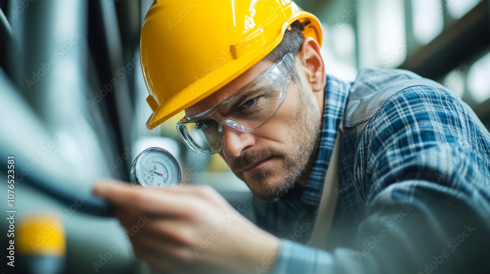 A construction worker inspects pressure gauges in a large industrial site during daytime hours wearing safety gear and focused on his task A construction worker inspects pressure gauges in a large industrial site during daytime hours wearing safety gear and focused on his task