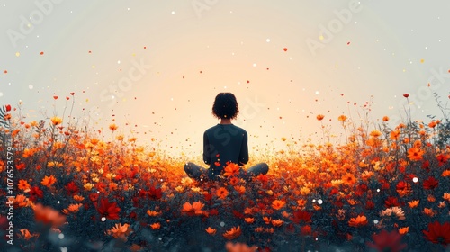 A person meditating in a field of orange flowers at sunset.