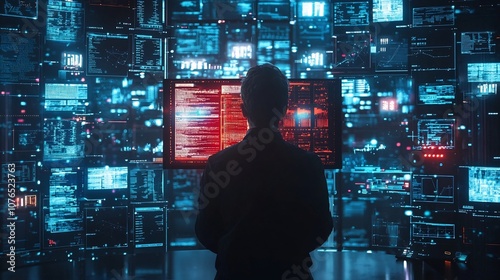 Wallpaper Mural Vigilant Cyber Security Analyst Monitoring Encrypted Digital Threat Streams on Glowing Futuristic Screens Torontodigital.ca