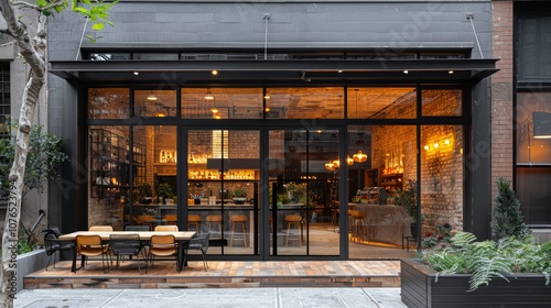 A modern storefront with large glass windows, a patio, and a brick wall. photo