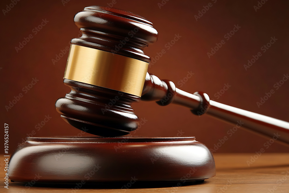 A judge's wooden gavel placed prominently on a surface, symbolizing court and justice A judge's wooden gavel placed prominently on a surface, symbolizing court and justice