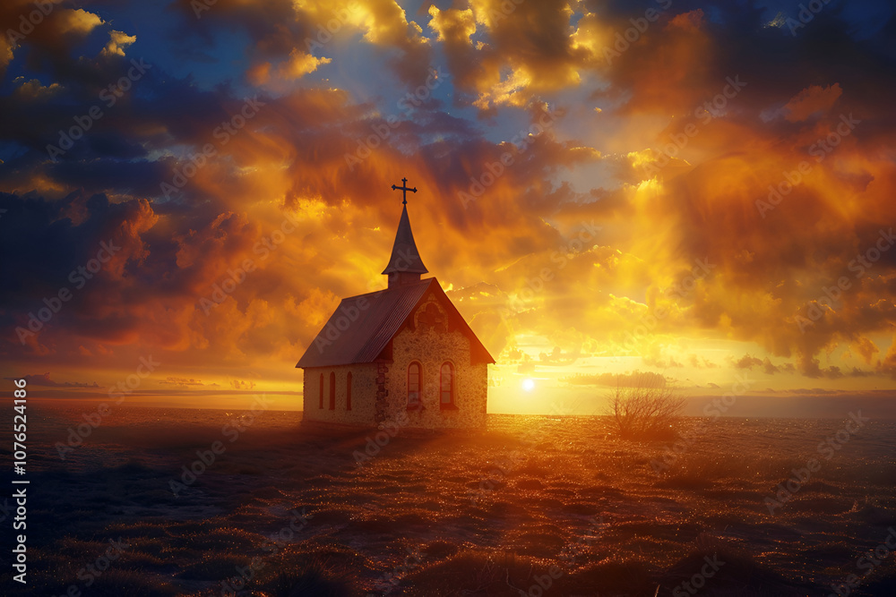 Old country church bathed in vibrant sunset light and dramatic clouds Old country church bathed in vibrant sunset light and dramatic clouds