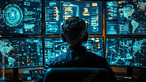 Cybersecurity Expert Monitoring Real-Time Threat Indicators with Advanced AI Technology in High-Tech Operations Center