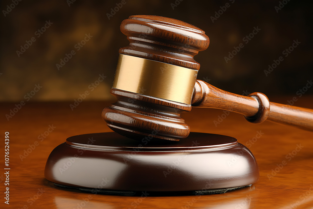 A judge's wooden gavel placed prominently on a surface, symbolizing court and justice A judge's wooden gavel placed prominently on a surface, symbolizing court and justice