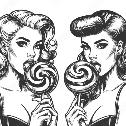 pin-up girls enjoying lollipops, showcasing vintage aesthetics sketch engraving generative ai fictional character vector illustration. Scratch board imitation. Black and white image.
