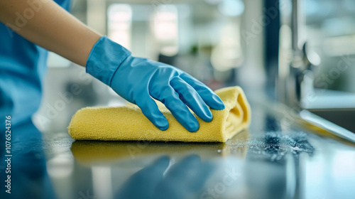 Person cleaning a countertop with a yellow cloth while wearing blue rubber gloves in a bright indoor space during daylight